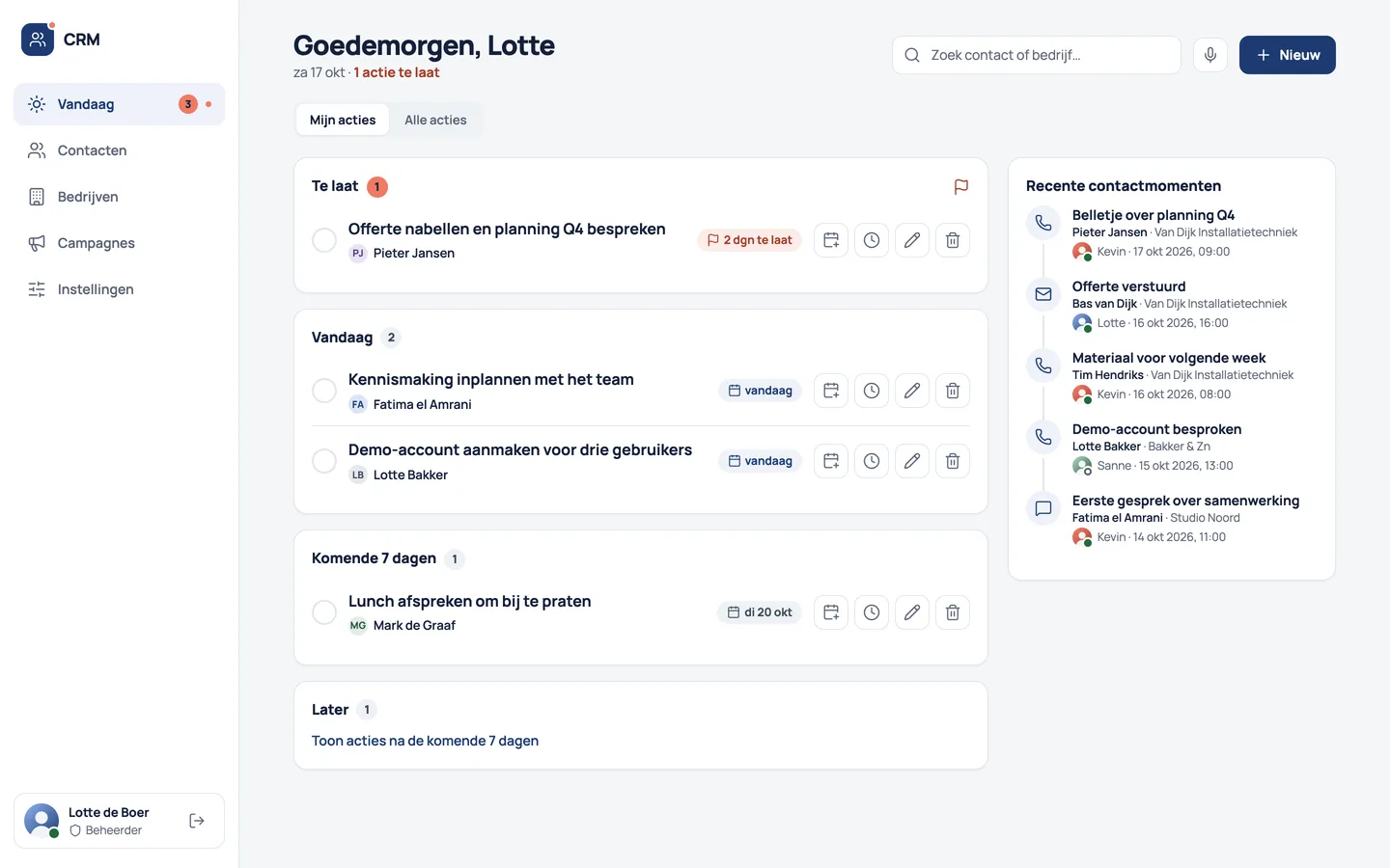 Finetime op desktop: het overzicht Vandaag met acties en recente contactmomenten
